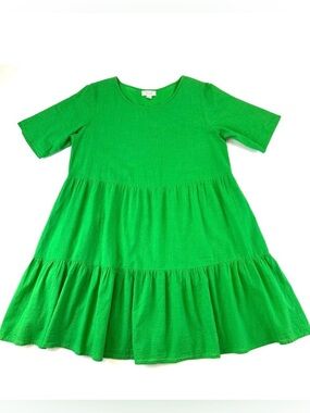 Orientique green tiered dress Large tie Organic cotton casual relaxed fit Summer
